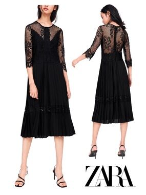 Zara | Black Lace Pleated Midi Cocktail Dress - Size S